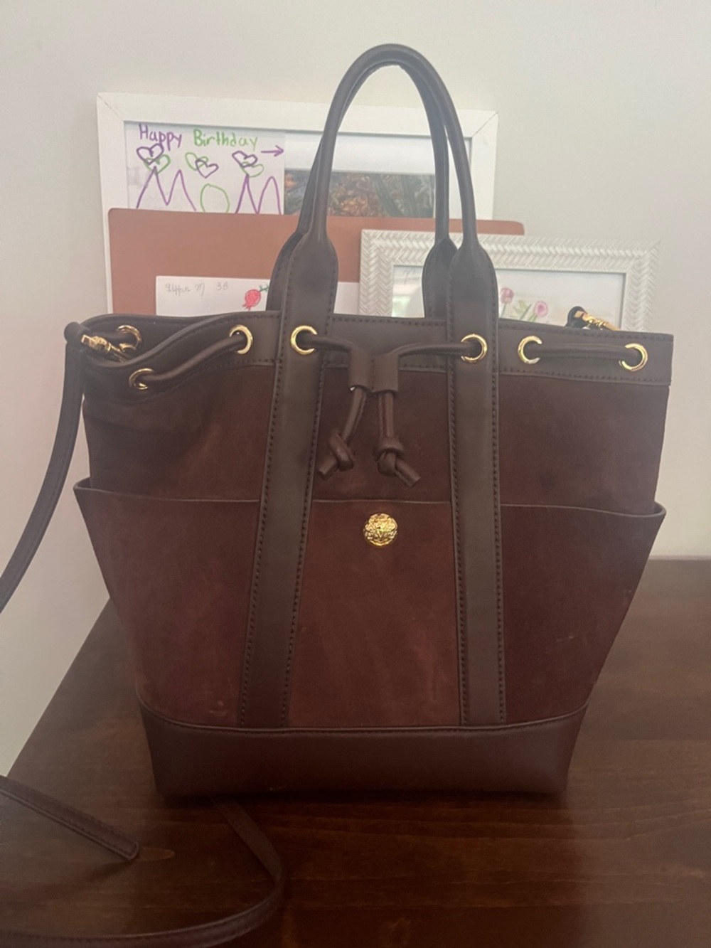 Veronica Beard Brown Suede & Leather Drawstring Tote with Gold Hardware